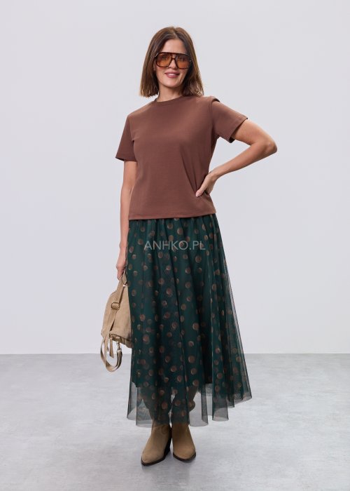 Zielona damska spódnica midi z tiulu, półtransparentna, w beżowe grochy, z elastycznym pasem i luźnym, zwiewnym krojem