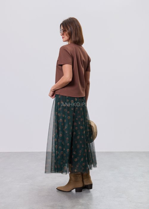 Zielona damska spódnica midi z tiulu, półtransparentna, w beżowe grochy, z elastycznym pasem i luźnym, zwiewnym krojem