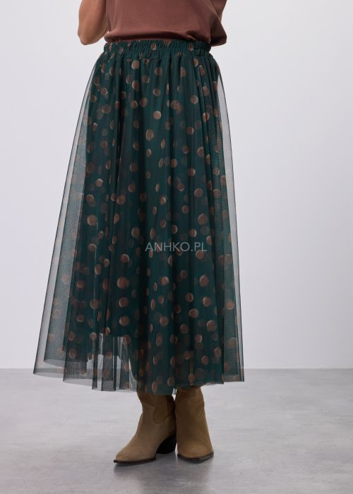 Zielona damska spódnica midi z tiulu, półtransparentna, w beżowe grochy, z elastycznym pasem i luźnym, zwiewnym krojem