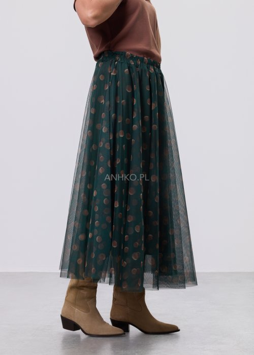 Zielona damska spódnica midi z tiulu, półtransparentna, w beżowe grochy, z elastycznym pasem i luźnym, zwiewnym krojem