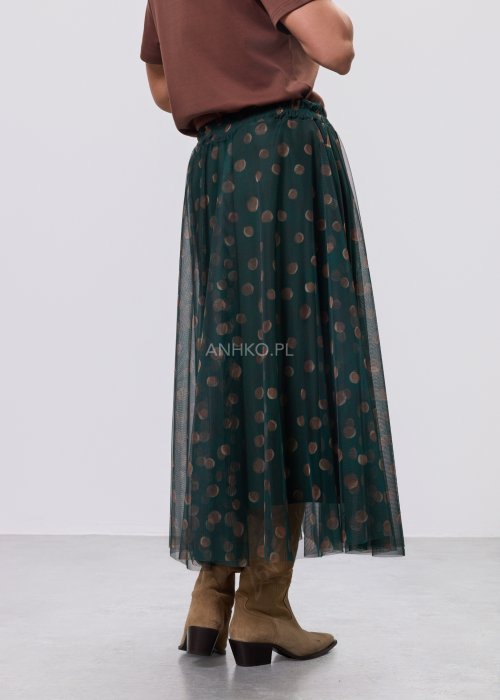Zielona damska spódnica midi z tiulu, półtransparentna, w beżowe grochy, z elastycznym pasem i luźnym, zwiewnym krojem