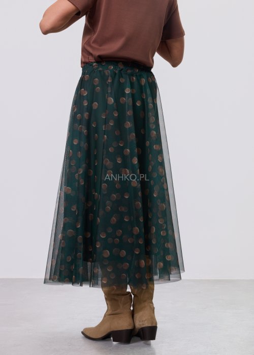 Zielona damska spódnica midi z tiulu, półtransparentna, w beżowe grochy, z elastycznym pasem i luźnym, zwiewnym krojem