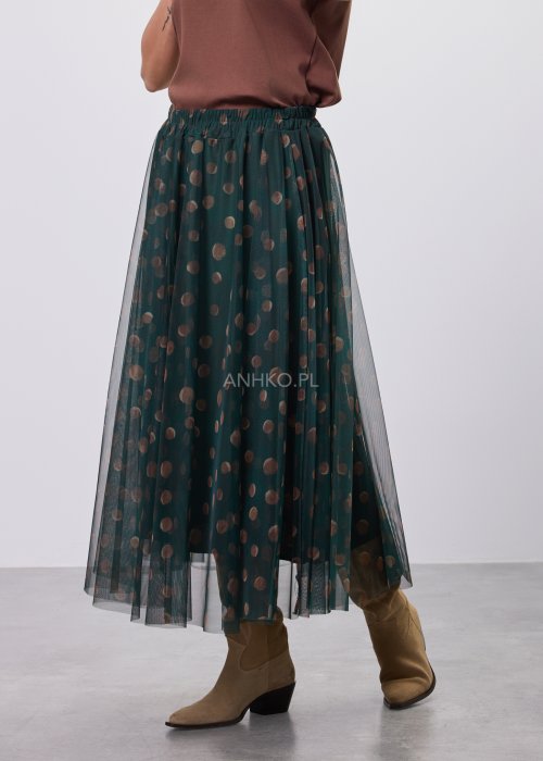 Zielona damska spódnica midi z tiulu, półtransparentna, w beżowe grochy, z elastycznym pasem i luźnym, zwiewnym krojem