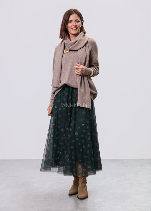 Zielona damska spódnica midi z tiulu, półtransparentna, w beżowe grochy, z elastycznym pasem i luźnym, zwiewnym krojem