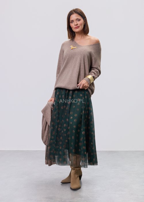 Zielona damska spódnica midi z tiulu, półtransparentna, w beżowe grochy, z elastycznym pasem i luźnym, zwiewnym krojem