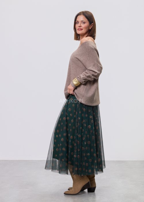 Zielona damska spódnica midi z tiulu, półtransparentna, w beżowe grochy, z elastycznym pasem i luźnym, zwiewnym krojem