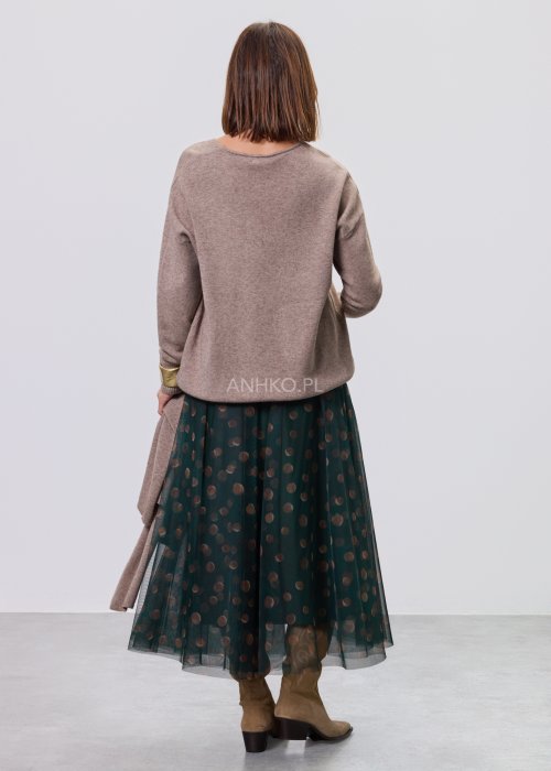 Zielona damska spódnica midi z tiulu, półtransparentna, w beżowe grochy, z elastycznym pasem i luźnym, zwiewnym krojem