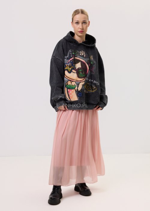 Grafitowa damska bluza z kapturem o luźnym kroju, z dużym kolorowym nadrukiem postaci i cekinowymi zdobieniami