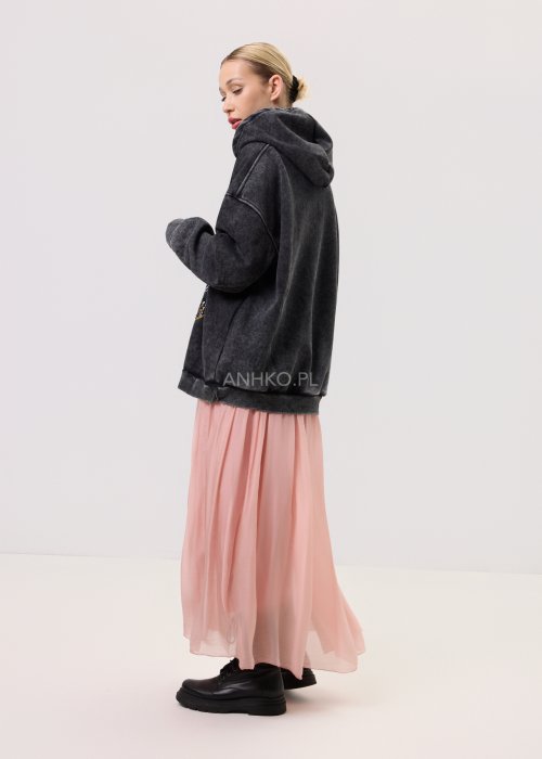 Grafitowa damska bluza z kapturem o luźnym kroju, z dużym kolorowym nadrukiem postaci i cekinowymi zdobieniami