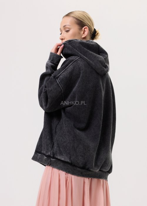 Grafitowa damska bluza z kapturem o luźnym kroju, z dużym kolorowym nadrukiem postaci i cekinowymi zdobieniami