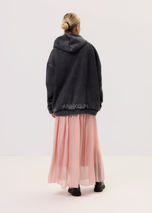 Grafitowa damska bluza z kapturem o luźnym kroju, z dużym kolorowym nadrukiem postaci i cekinowymi zdobieniami