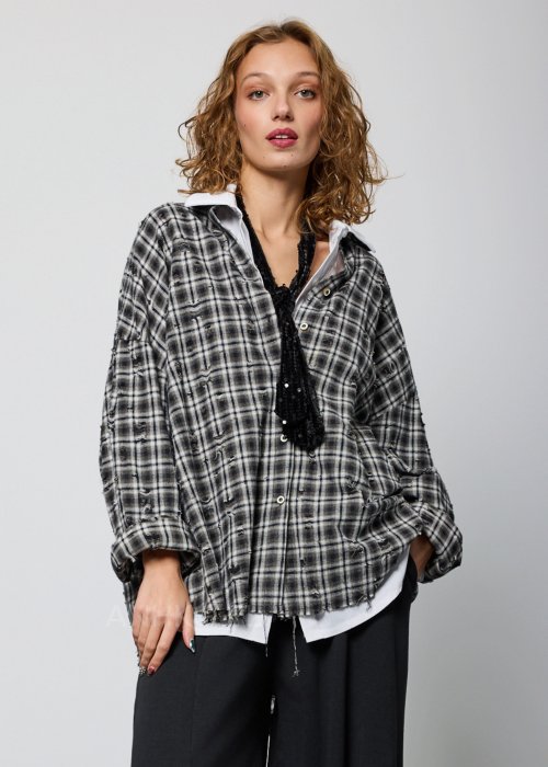 Koszula z Przetarciami Mysten Szara w Kratę