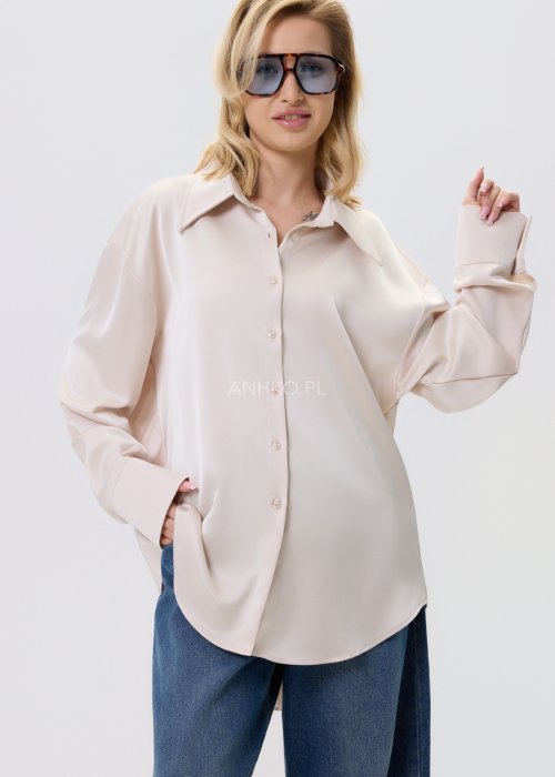 Koszula damska Elvanica w kolorze ecru z satynowym wykończeniem i delikatnym koronkowym tyłem, klasyczny kołnierz, elegancki fason.