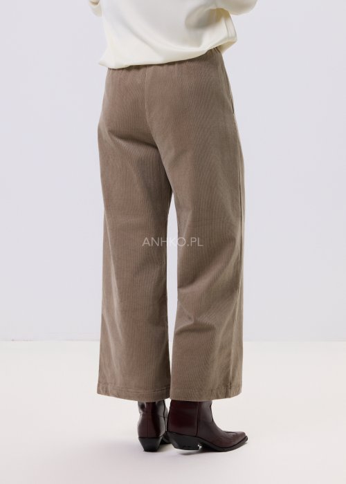 Beżowe spodnie sztruksowe damskie Soft Line z wysokim stanem, prostą nogawką i elastycznym pasem z tyłu, styl codzienny.