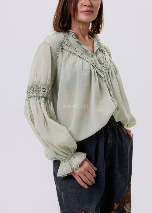 Szałwiowa koszula damska z koronkowymi wstawkami i długim rękawem, zapinana na guziki, zestawiona z jeansami w swobodnej stylizacji.