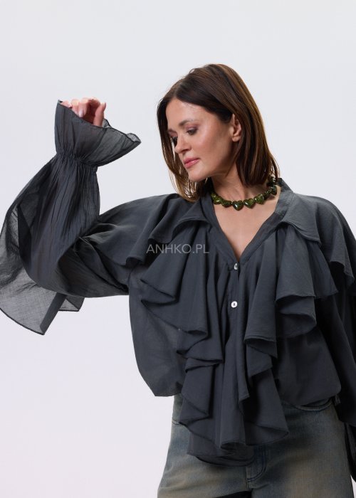 Grafitowa bluzka damska Liora Drift z dekoracyjnymi falbanami z przodu, luźny krój oversize, dekolt V i długie rękawy, styl casual.