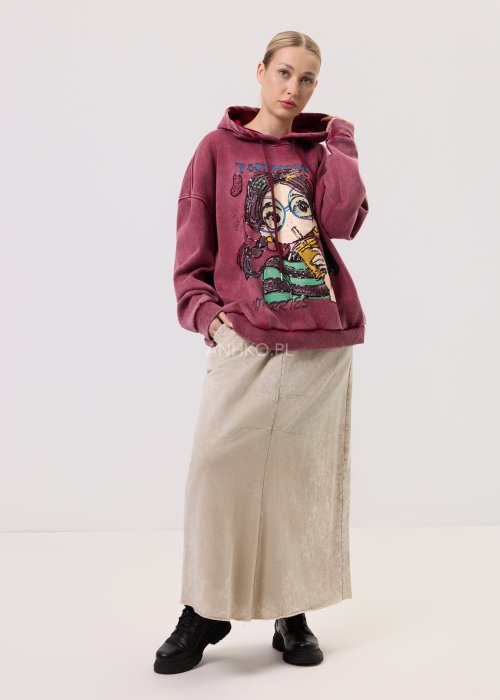 Bordowa bluza damska Artemis Art z kapturem i artystycznym nadrukiem z dekoracyjnymi cekinami, luźny fason, styl casual.