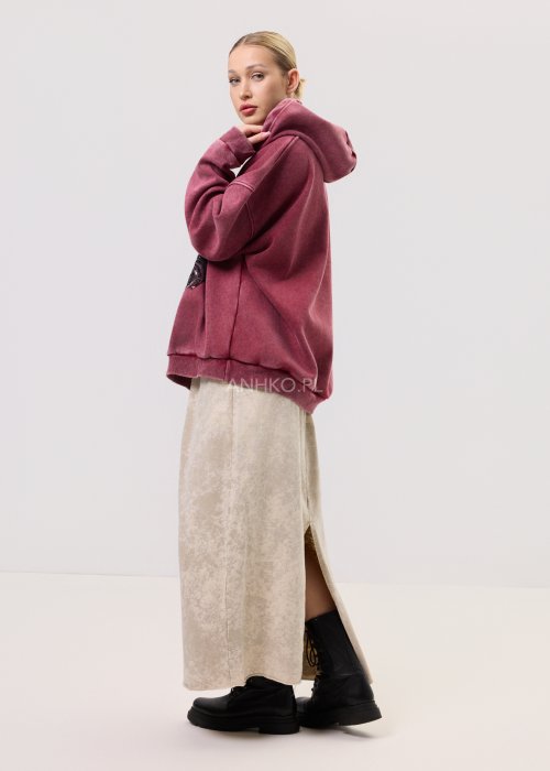 Bordowa bluza damska Artemis Art z kapturem i artystycznym nadrukiem z dekoracyjnymi cekinami, luźny fason, styl casual.