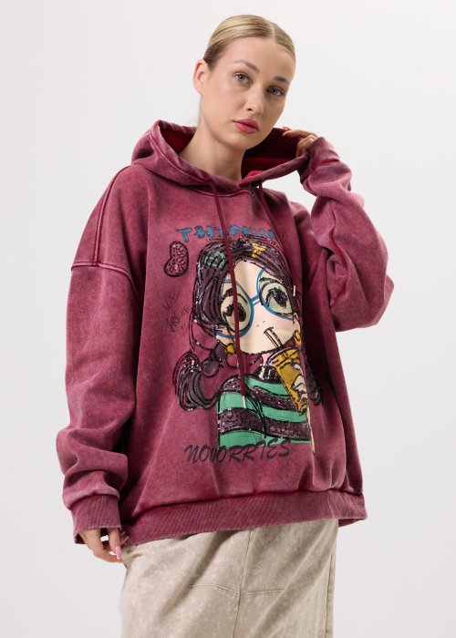 Bordowa bluza damska Artemis Art z kapturem i artystycznym nadrukiem z dekoracyjnymi cekinami, luźny fason, styl casual.