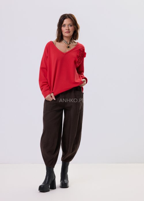 Brązowe spodnie sztruksowe o luźnym kroju z elastyczną talią i naszywanymi kieszeniami, zestawione ze sneakersami w casualowej, miejskiej stylizacji.