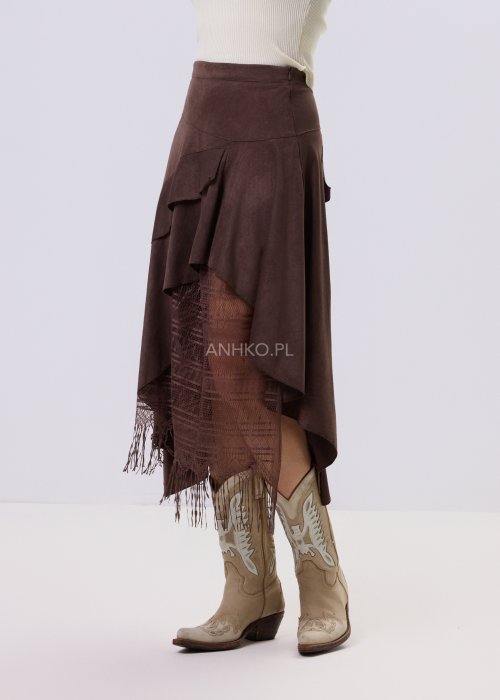 Brązowa spódnica Normal maxi o asymetrycznym kroju z falbanami, koronkową wstawką i frędzlami, wysoki stan, styl boho casual.