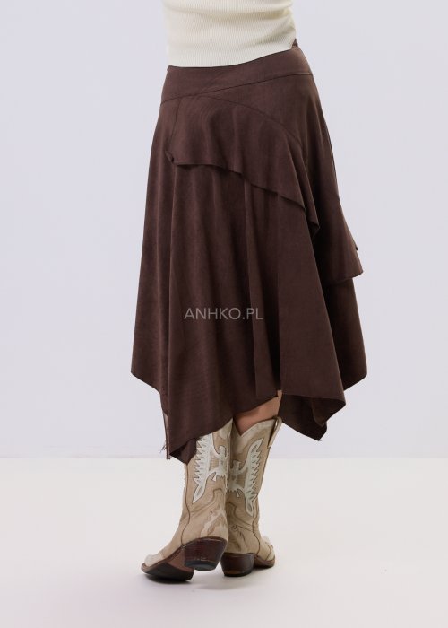 Brązowa spódnica Normal maxi o asymetrycznym kroju z falbanami, koronkową wstawką i frędzlami, wysoki stan, styl boho casual.