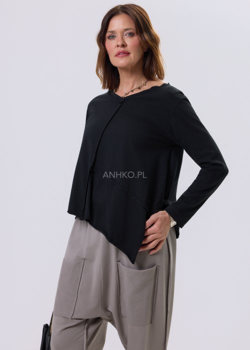 Czarna bluzka Flux Top z asymetrycznym dołem, dekolt V-neck, surowe przeszycia i luźny krój relaxed w stylu miejskim.