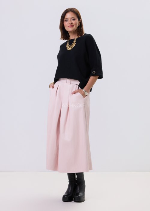 Pudroworóżowa spódnica Castro midi z wysokim stanem, rozkloszowany fason, elastyczna talia i ozdobny pasek, styl casual elegancki.