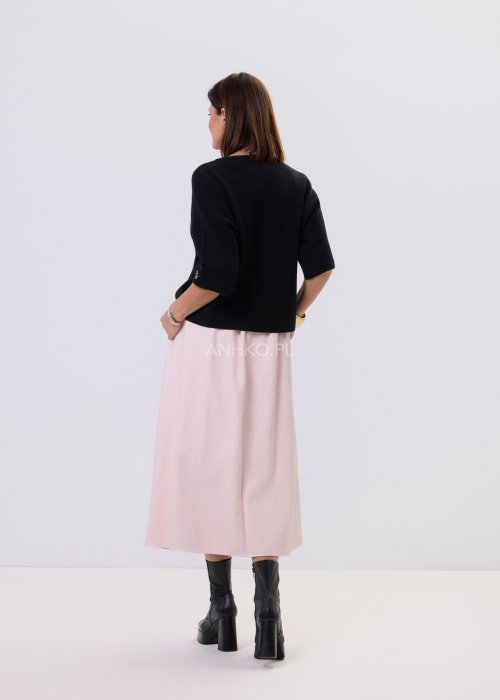Pudroworóżowa spódnica Castro midi z wysokim stanem, rozkloszowany fason, elastyczna talia i ozdobny pasek, styl casual elegancki.