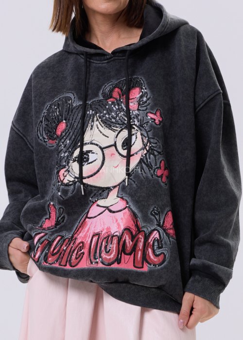 Grafitowa bluza Artemis Lu Spark oversize z kapturem, sprany efekt, duży nadruk z cekinami, styl casual miejski.