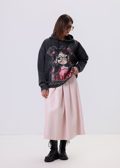 Grafitowa bluza Artemis Lu Spark oversize z kapturem, sprany efekt, duży nadruk z cekinami, styl casual miejski.