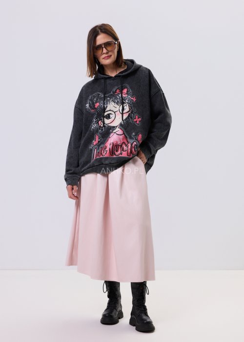 Grafitowa bluza Artemis Lu Spark oversize z kapturem, sprany efekt, duży nadruk z cekinami, styl casual miejski.