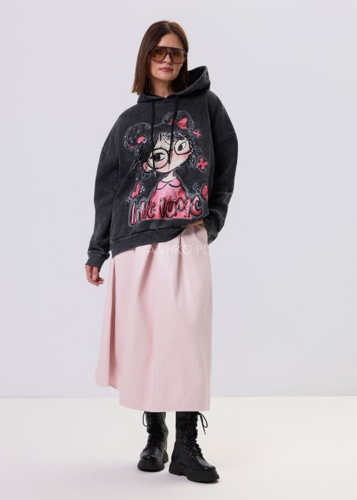 Grafitowa bluza Artemis Lu Spark oversize z kapturem, sprany efekt, duży nadruk z cekinami, styl casual miejski.