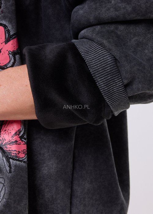 Grafitowa bluza Artemis Lu Spark oversize z kapturem, sprany efekt, duży nadruk z cekinami, styl casual miejski.