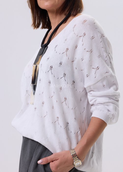 Biała bluzka Lace Ease Plus Size z ażurowym wzorem, luźny fason, dekolt V i długie rękawy ze ściągaczem, styl casual.