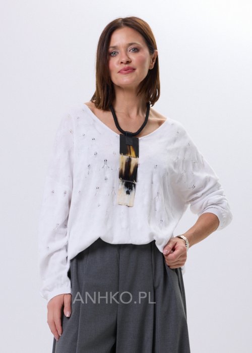 Biała bluzka Lace Ease Plus Size z ażurowym wzorem, luźny fason, dekolt V i długie rękawy ze ściągaczem, styl casual.