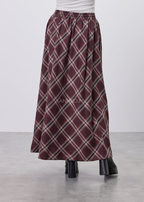 Spódnica maxi w kratę bordo z regulowaną talią na troczek i kieszeniami, miękka tkanina, swobodny krój