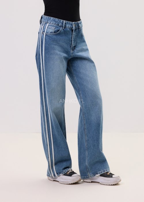 Jeansy szerokie z lampasami – spodnie damskie denim wide leg