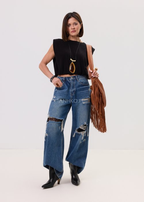 Szerokie jeansy damskie z przetarciami i dziurami, denimowe spodnie w stylu oversize
