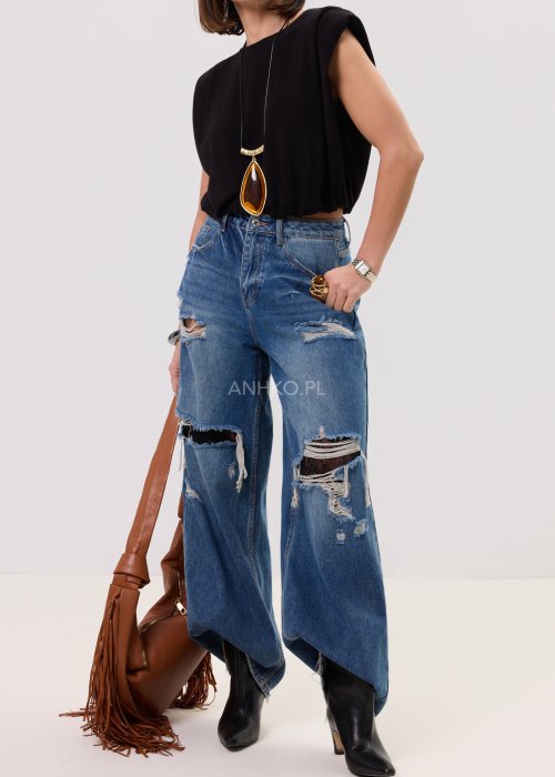 Szerokie jeansy damskie z przetarciami i dziurami, denimowe spodnie w stylu oversize