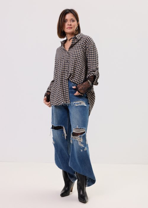 Szerokie jeansy damskie z przetarciami i dziurami, denimowe spodnie w stylu oversize