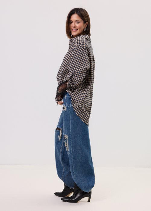 Szerokie jeansy damskie z przetarciami i dziurami, denimowe spodnie w stylu oversize