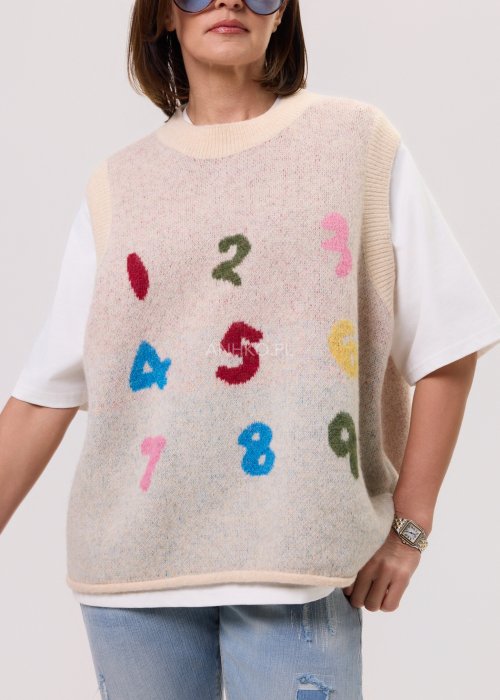 Damski bezrękawnik Numbers kremowy melanż – luźny fason, okrągły dekolt, szerokie ramiona, kolorowe cyfry z przodu, miękka dzianina.