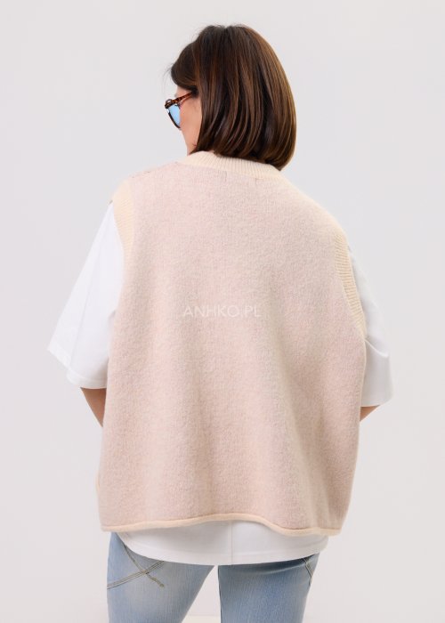 Damski bezrękawnik Numbers kremowy melanż – luźny fason, okrągły dekolt, szerokie ramiona, kolorowe cyfry z przodu, miękka dzianina.