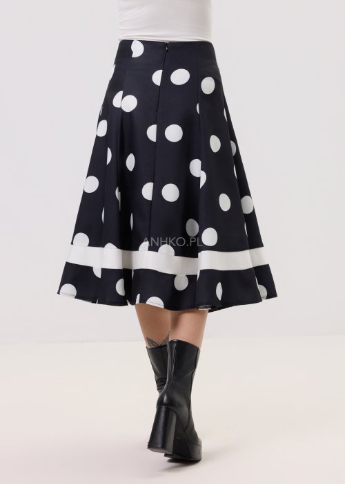 Damska spódnica Una Wener czarna – rozkloszowany fason midi, wysoki stan, print w duże grochy, kontrastowy pas przy dole, elegancka tkanina.