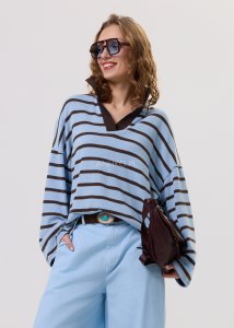 Bluzka Dzianinowa Mocha Stripe Błękitny w Brązowe Paski