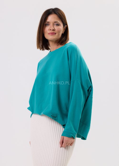 Damska turkusowa bluza oversize z długim rękawem i okrągłym dekoltem, naszywka z przodu