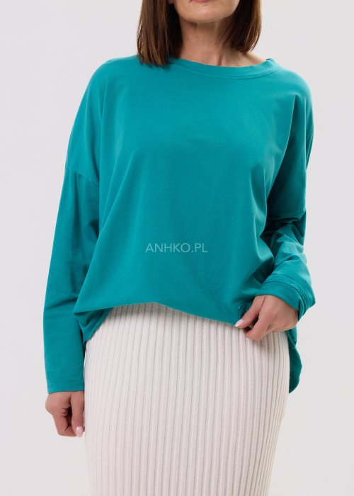 Damska turkusowa bluza oversize z długim rękawem i okrągłym dekoltem, naszywka z przodu