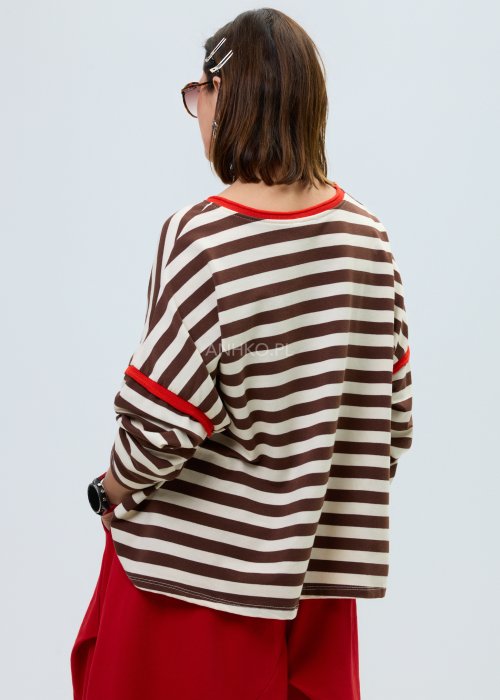 Bluzka damska w brązowo-beżowe paski o luźnym kroju. Model z długim rękawem oraz kontrastowym wykończeniem przy dekolcie i rękawach w kolorze czerwonym.