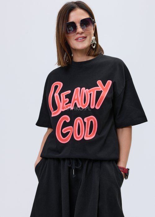 Czarny damski t-shirt oversize z dużym napisem „Beauty God” w różowym kolorze.